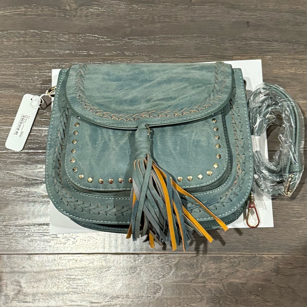 NWT green faux suede handbag with tassel crossbody strap
